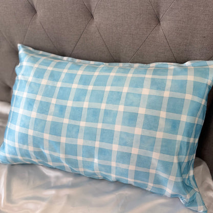 100% Mulberry Silk Pillowcase - Gingham Blue