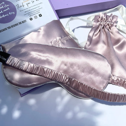 100% Mulberry Silk Pillowcase and Matching Sleep Mask with Travel Pouch - Dusty Pink/White Piping