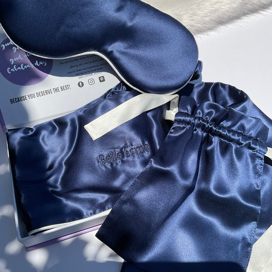 100% Mulberry Silk Pillowcase and Matching Sleep Mask with Travel Pouch - Navy/White Piping