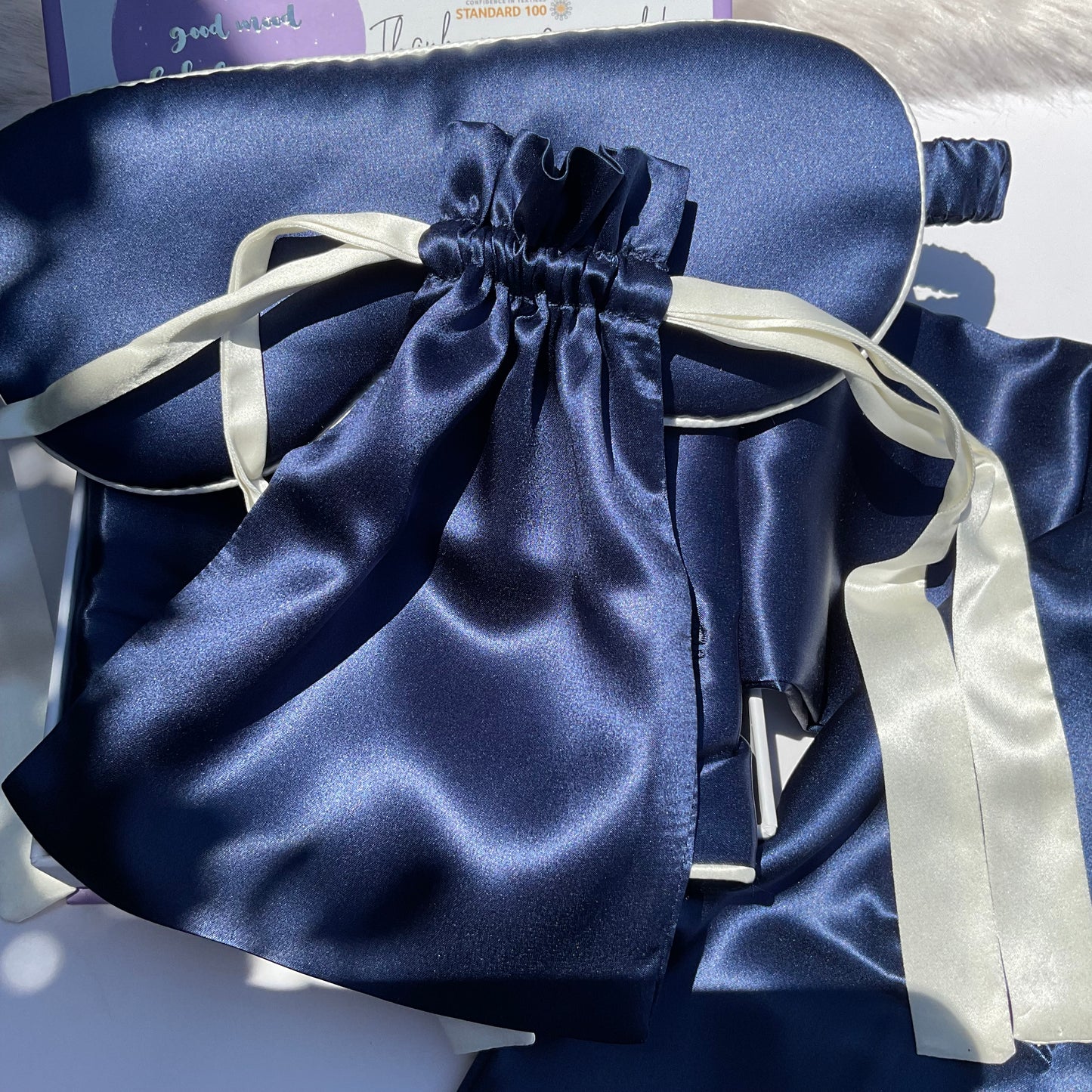 100% Mulberry Silk Sleep Mask with Travel Bag - Navy/White Piping