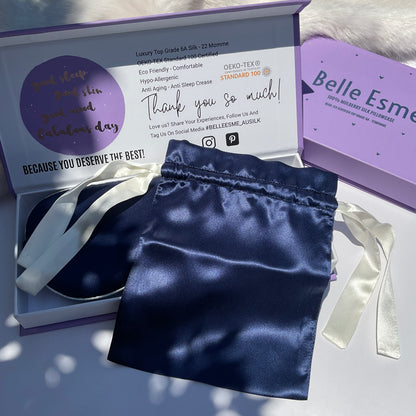100% Mulberry Silk Sleep Mask with Travel Bag - Navy/White Piping