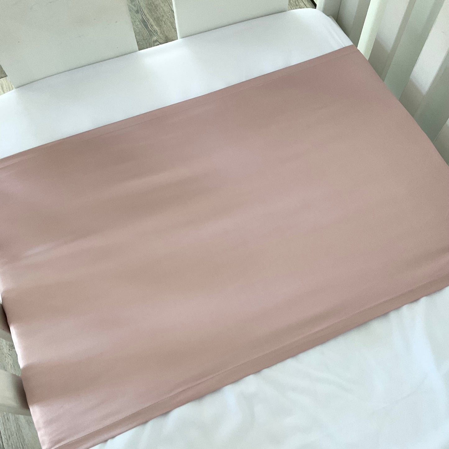 Pink Mulberry Silk Baby Cot Sleeve, cot slip (front angle shot) for Baby bald spots and Eczema relief 