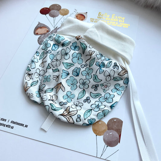 Mulberry silk baby mittens - Anti scratch/ eczema relief (Mittens only) - Ditsy Blue Winter