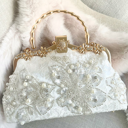 Catherine White Wedding Clutch, Bridal Bag. Pearls Beads Rhinestons Charming Bag.