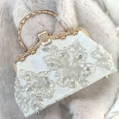 Catherine White Wedding Clutch, Bridal Bag. Pearls Beads Rhinestons Charming Bag.