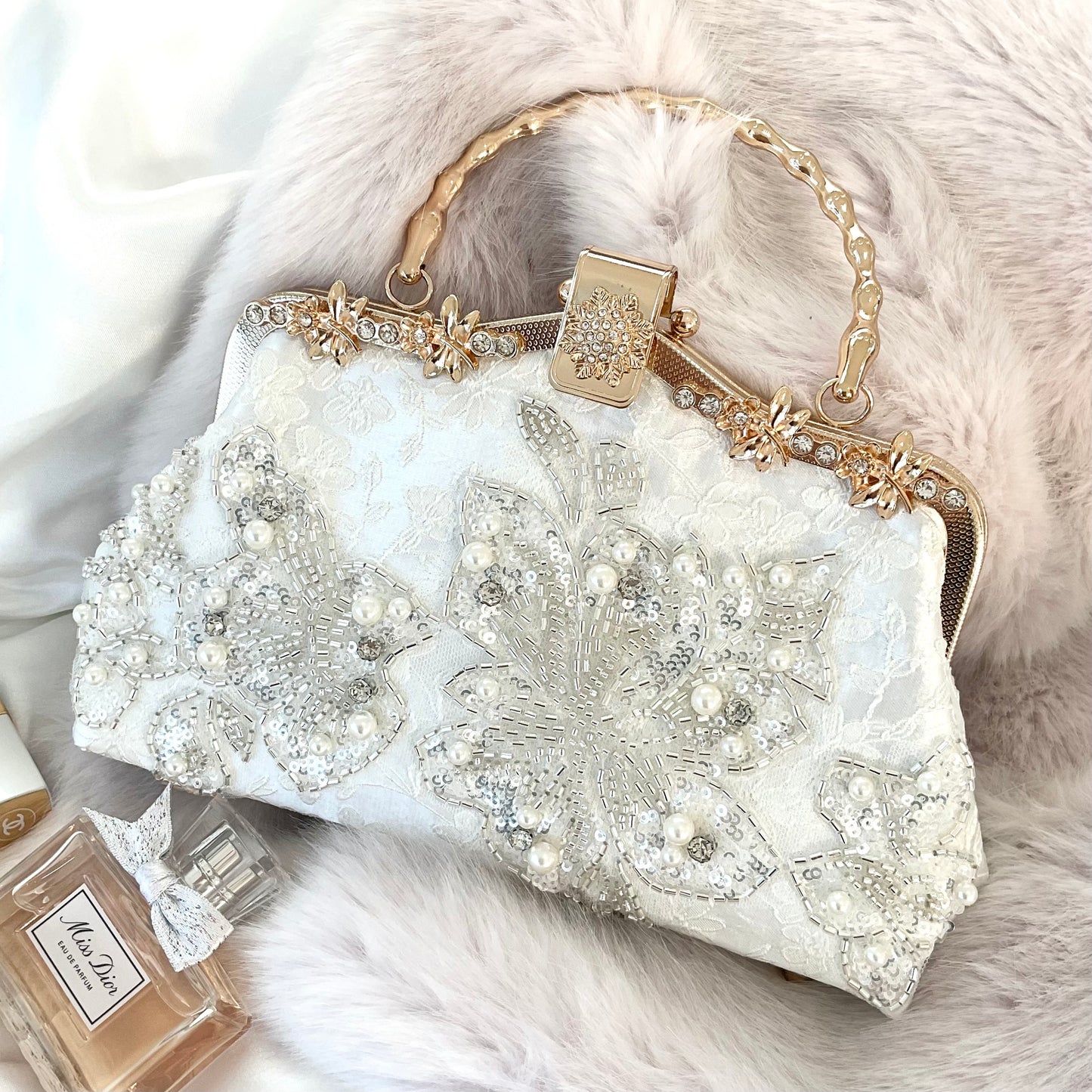 Catherine White Wedding Clutch, Bridal Bag. Pearls Beads Rhinestons Charming Bag.