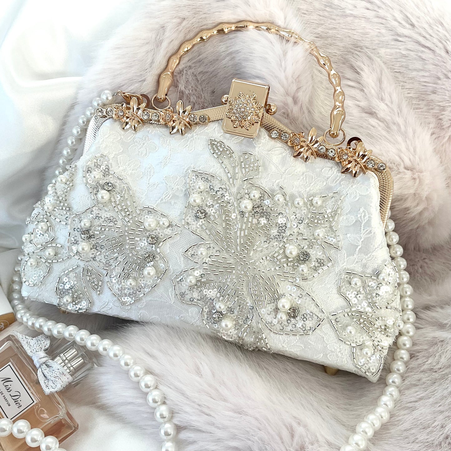 Catherine White Wedding Clutch, Bridal Bag. Pearls Beads Rhinestons Charming Bag.