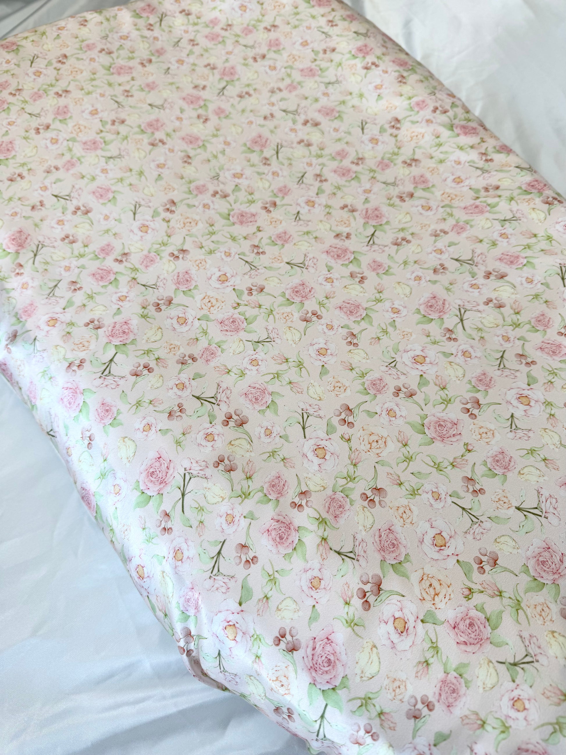 Hermosa Mulberry Silk Baby Lounger Cover with floral rose pattern, fits Snuggle Me & Dock A Tot Deluxe, close up shot