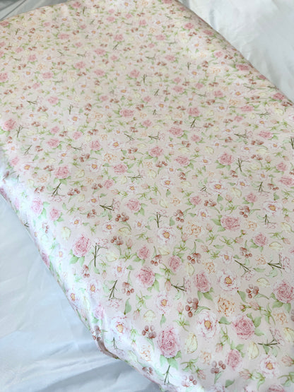 Hermosa Mulberry Silk Baby Lounger Cover with floral rose pattern, fits Snuggle Me & Dock A Tot Deluxe, close up shot