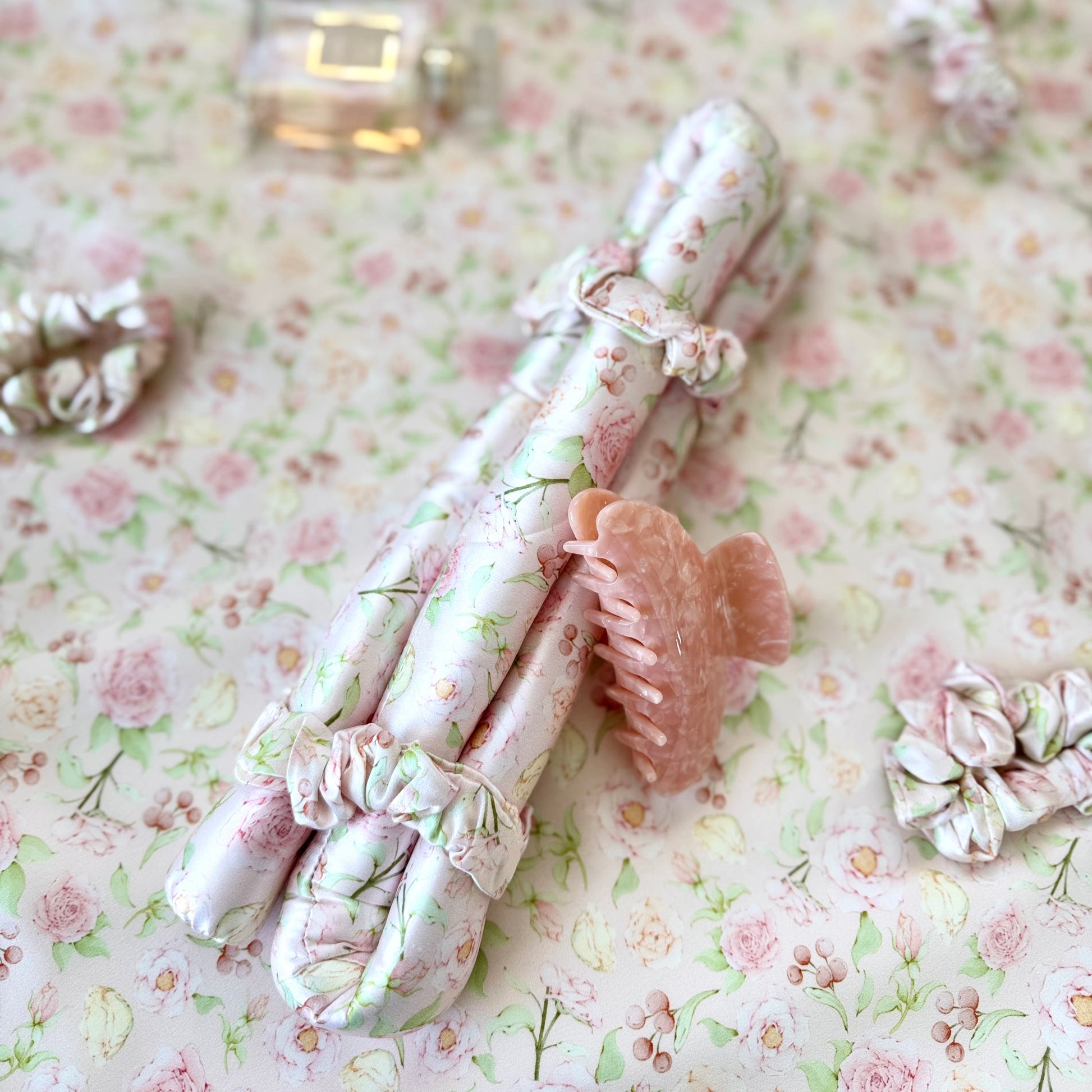 100% Mulberry Silk Hair Curler pink romantic rose pattern, close up shot