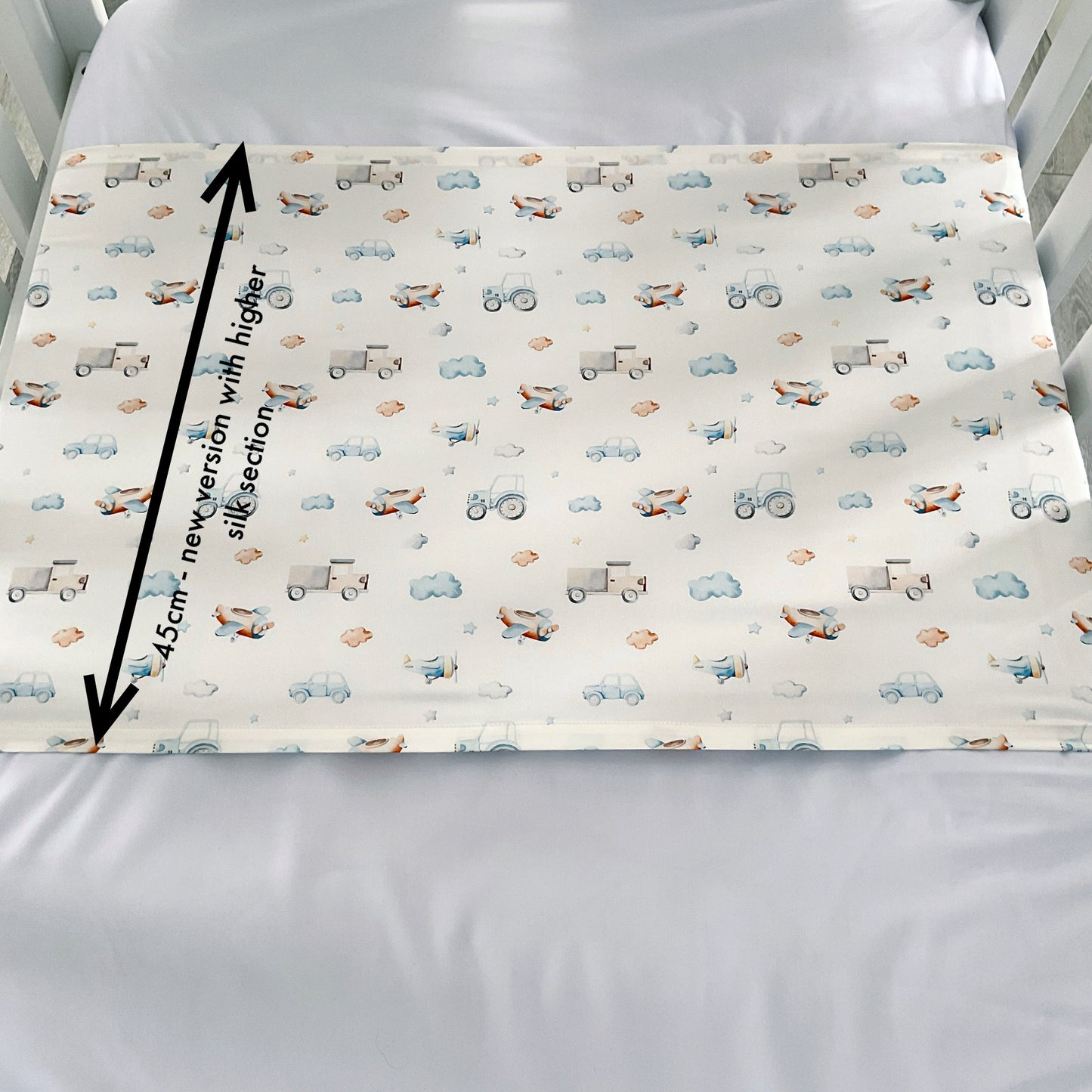 Mulberry Silk Baby Cot/Crib Sleeve - Drive/Fly Me To The Dreamland. Helps with baby bald spots and eczema relief