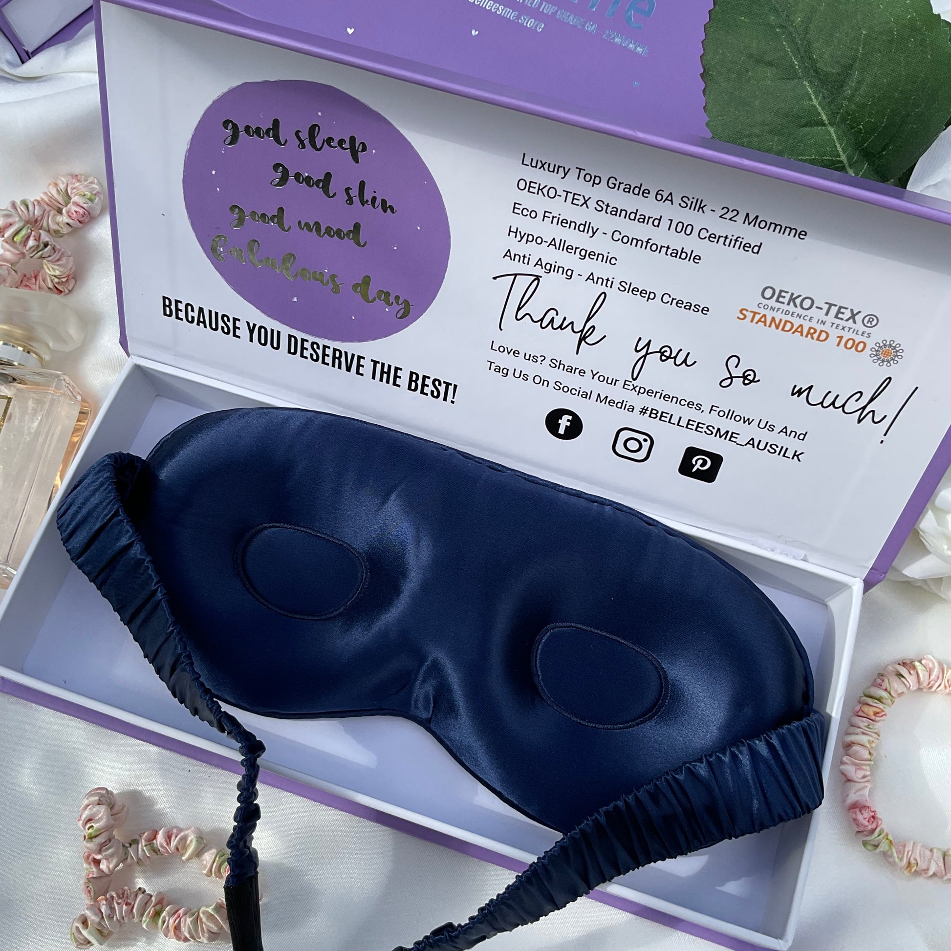 Mulberry silk 3D contour sleep mask in a box - back view