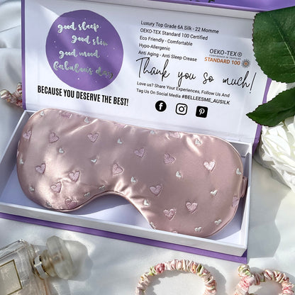 100% Mulberry Silk Sleep Mask - Light Pearl Pink with Heart Emroidery