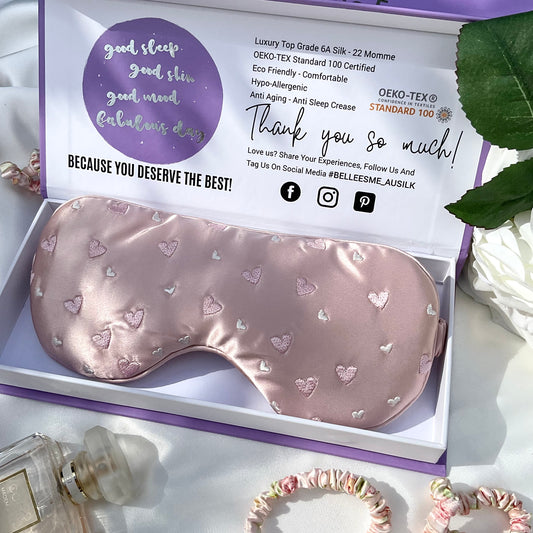 100% Mulberry Silk Sleep Mask - Light Pearl Pink with Heart Emroidery