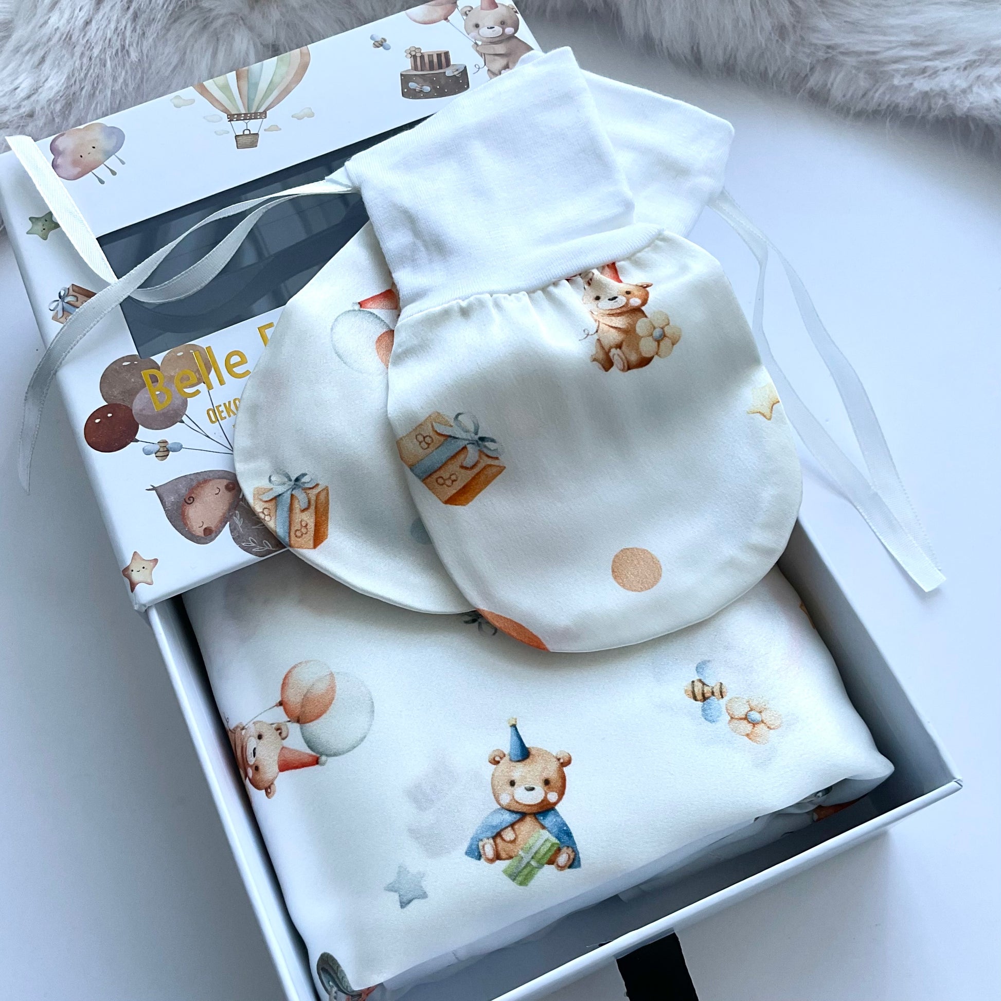 Mulberry silk baby cot slip/sleeve and silk baby mittens  in cute bear and party pattern with Belle Esme gift box