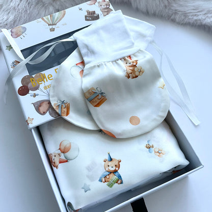 Mulberry silk baby cot slip/sleeve and silk baby mittens  in cute bear and party pattern with Belle Esme gift box