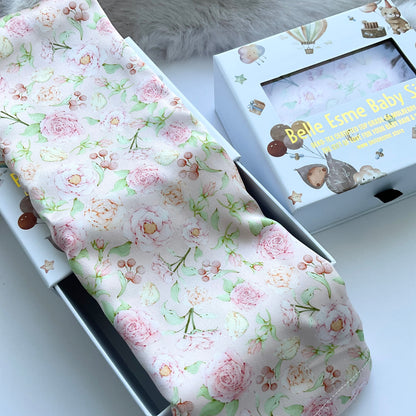 Mulberry silk baby cot slip/sleeve in cute ditsy rose pattern pastel pink colour with Belle Esme gift box