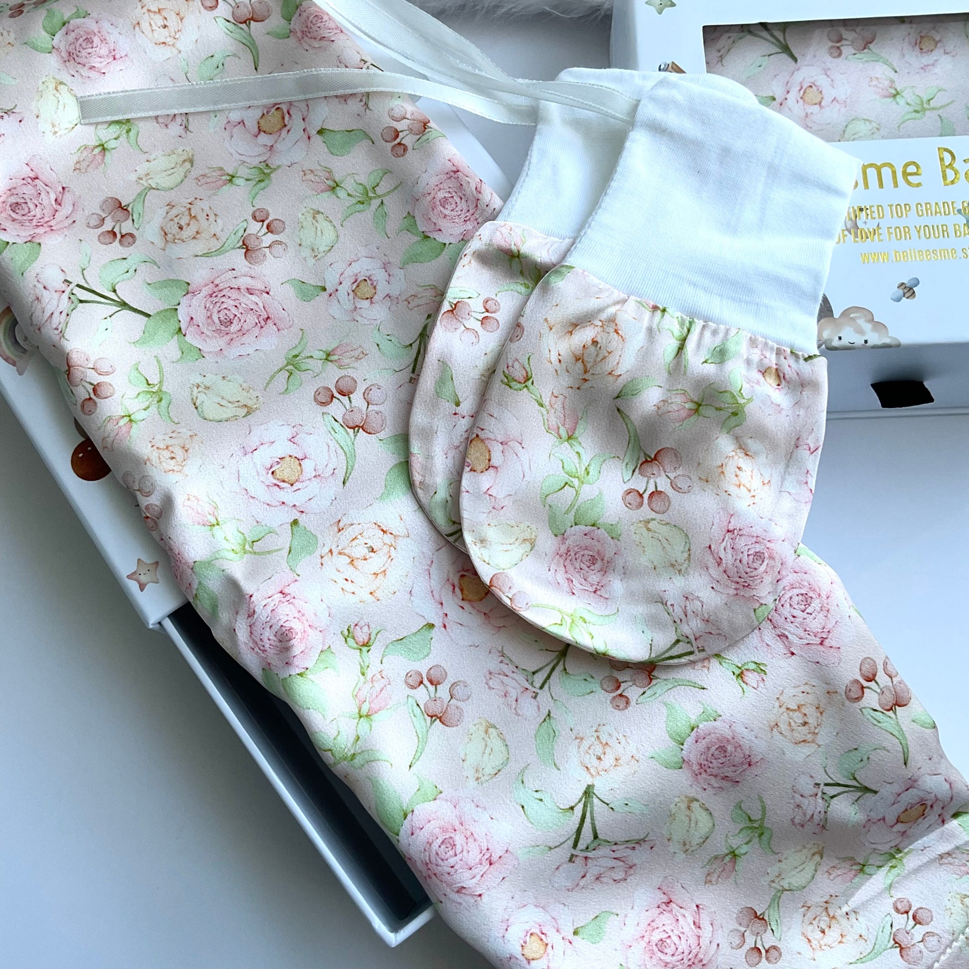 Mulberry silk baby cot slip/sleeve and matching silk baby mittens in cute ditsy rose pattern pastel pink colour with Belle Esme gift box