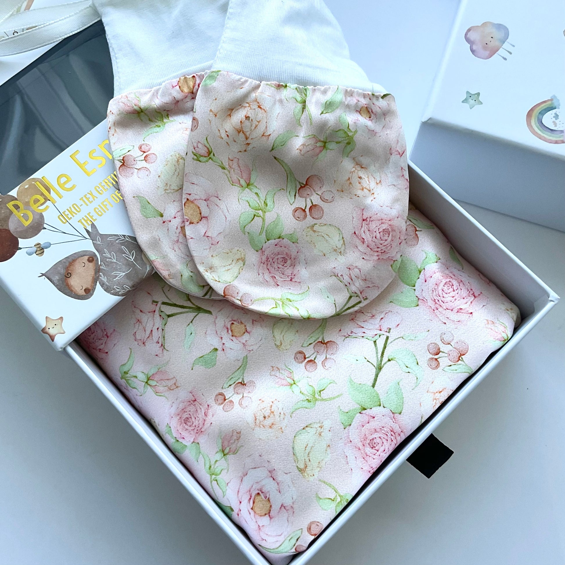Mulberry silk baby cot sleeve with matching mittens for eczema relief with charming rose pattern