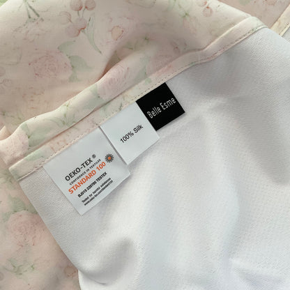 Silk fabric with labels indicating OEKO-TEX and 100% Silk, brand 'Belle Esme'.