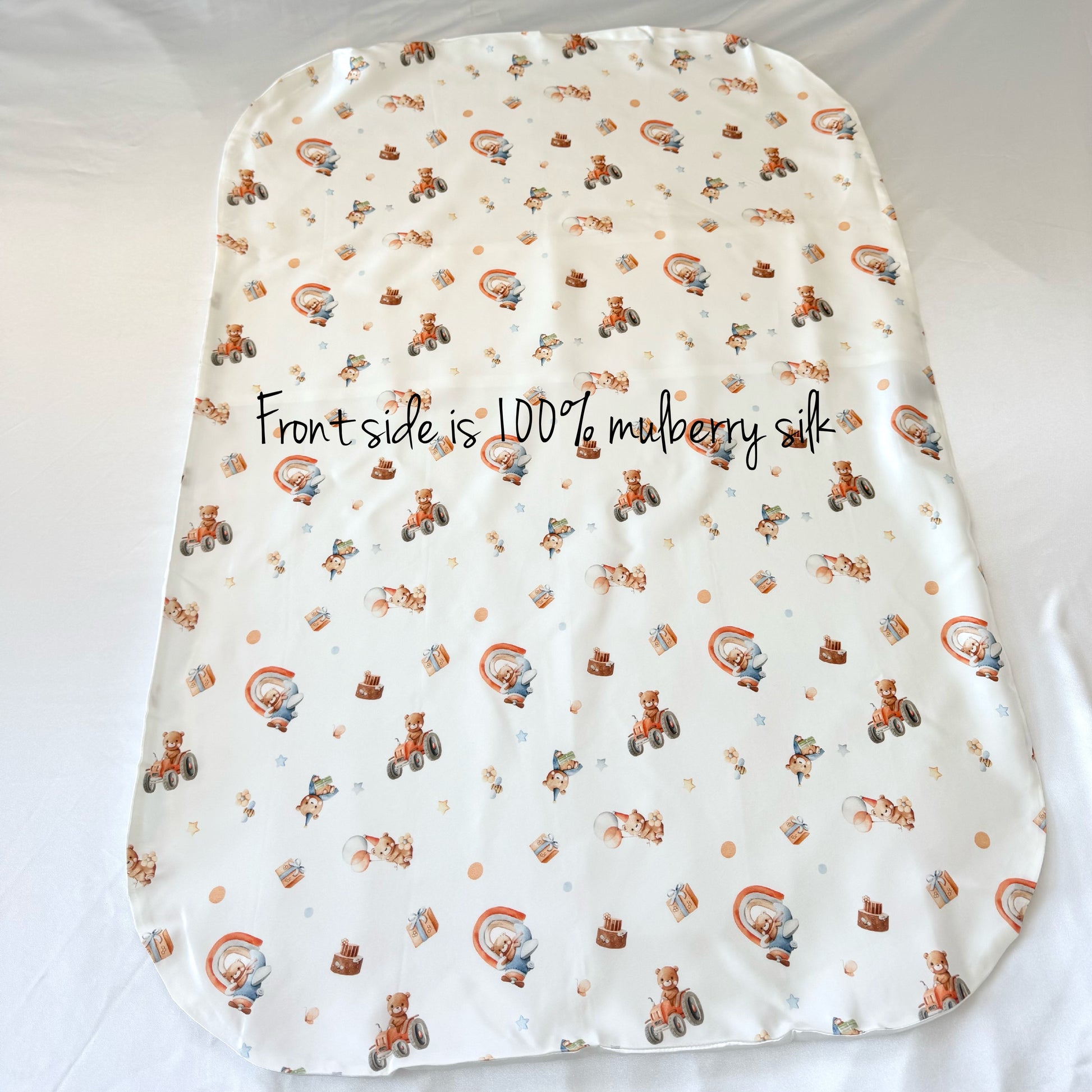 Mulberry Silk Baby Lounger Cover with cute bear pattern, fits Snuggle Me & Dock A Tot Deluxe, front side full 100% mulberry silk