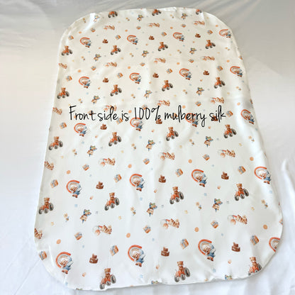 Mulberry Silk Baby Lounger Cover with cute bear pattern, fits Snuggle Me & Dock A Tot Deluxe, front side full 100% mulberry silk