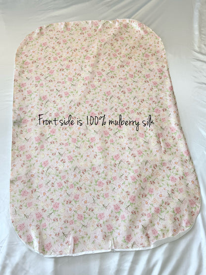 Hermosa Mulberry Silk Baby Lounger Cover with floral rose pattern, fits Snuggle Me & Dock A Tot Deluxe, front side full 100% mulberry silk