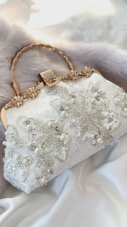 Catherine White Wedding Clutch, Bridal Bag. Pearls Beads Rhinestons Charming Bag.