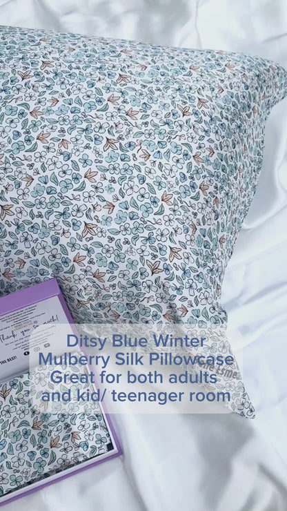 100% Mulberry Silk Pillowcase - Ditsy Blue Winter