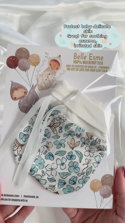 Mulberry silk baby mittens - Anti scratch/ eczema relief (Mittens only) - Ditsy Blue Winter